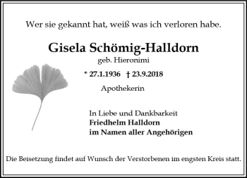 Traueranzeige von Gisela Schetimig-Halldorn von vrm-trauer