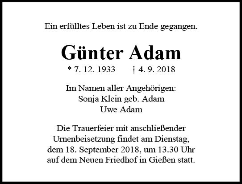  Traueranzeige für Günter Adam vom 15.09.2018 aus  Gießener Anzeiger