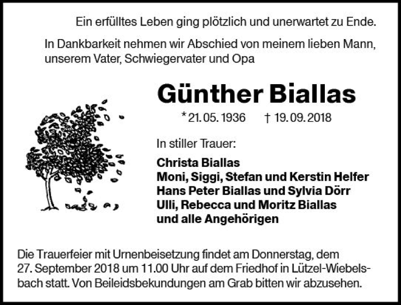  Traueranzeige für Günther Biallas vom 25.09.2018 aus vrm-trauer