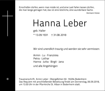 Traueranzeige von Hanna Leber von vrm-trauer
