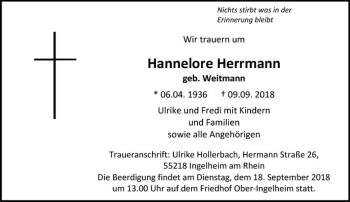 Traueranzeige von Hannelore Herrmann von vrm-trauer