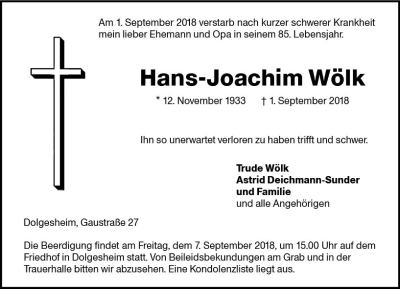  Traueranzeige für Hans-Joachim Wölk vom 04.09.2018 aus vrm-trauer