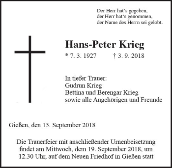 Traueranzeige von Hans-Peter Krieg von  Gießener Anzeiger