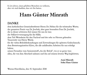 Traueranzeige von Hans Günter Minrath von vrm-trauer