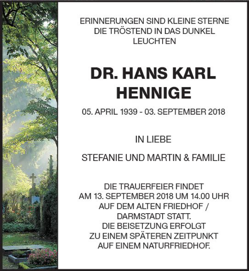  Traueranzeige für Hans Karl Hennige vom 08.09.2018 aus vrm-trauer