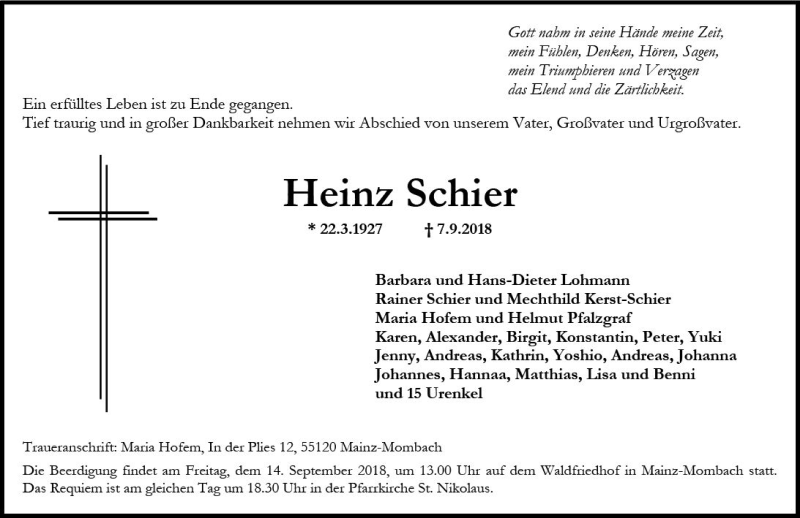  Traueranzeige für Heinz Schier vom 11.09.2018 aus vrm-trauer