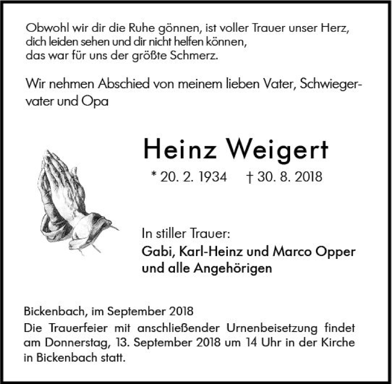  Traueranzeige für Heinz Weigert vom 08.09.2018 aus vrm-trauer