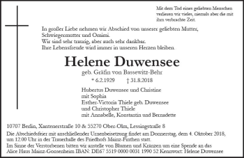 Traueranzeige von Helene Duwensee von vrm-trauer