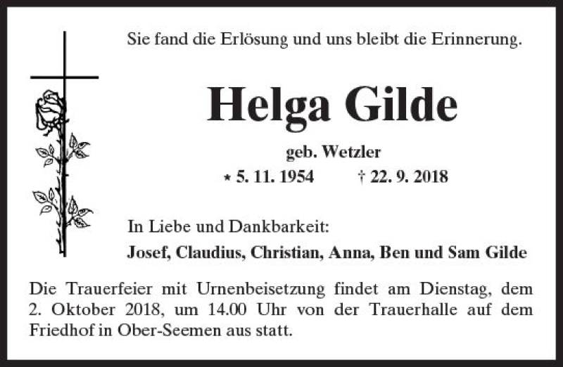  Traueranzeige für Helga Gilde vom 29.09.2018 aus  Kreisanzeiger
