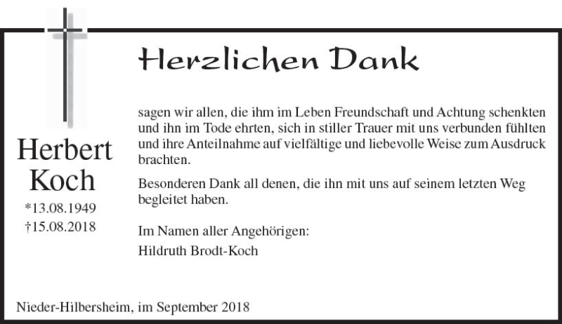  Traueranzeige für Herbert Koch vom 15.09.2018 aus vrm-trauer