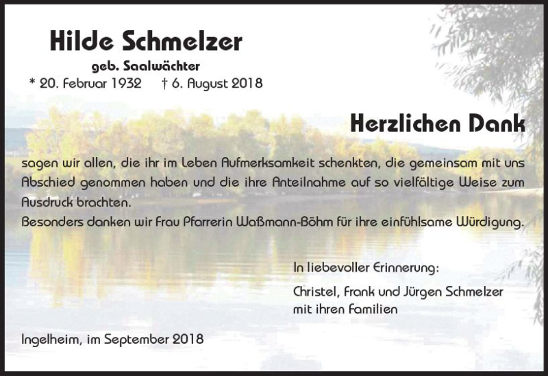  Traueranzeige für Hilde Schmelzer vom 22.09.2018 aus vrm-trauer