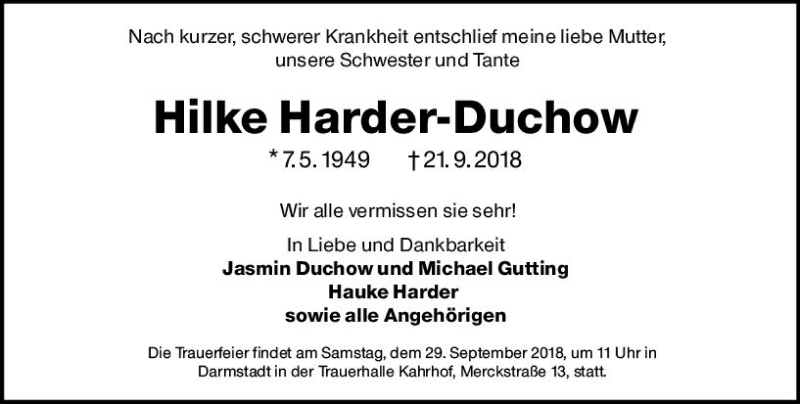  Traueranzeige für Hilke Harder-Duchow vom 26.09.2018 aus vrm-trauer