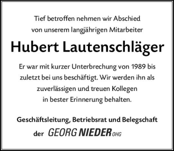 Traueranzeige von Hubert Lautenschläger von vrm-trauer