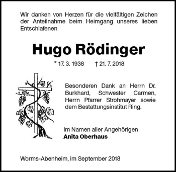 Traueranzeige von Hugo Rödinger von vrm-trauer