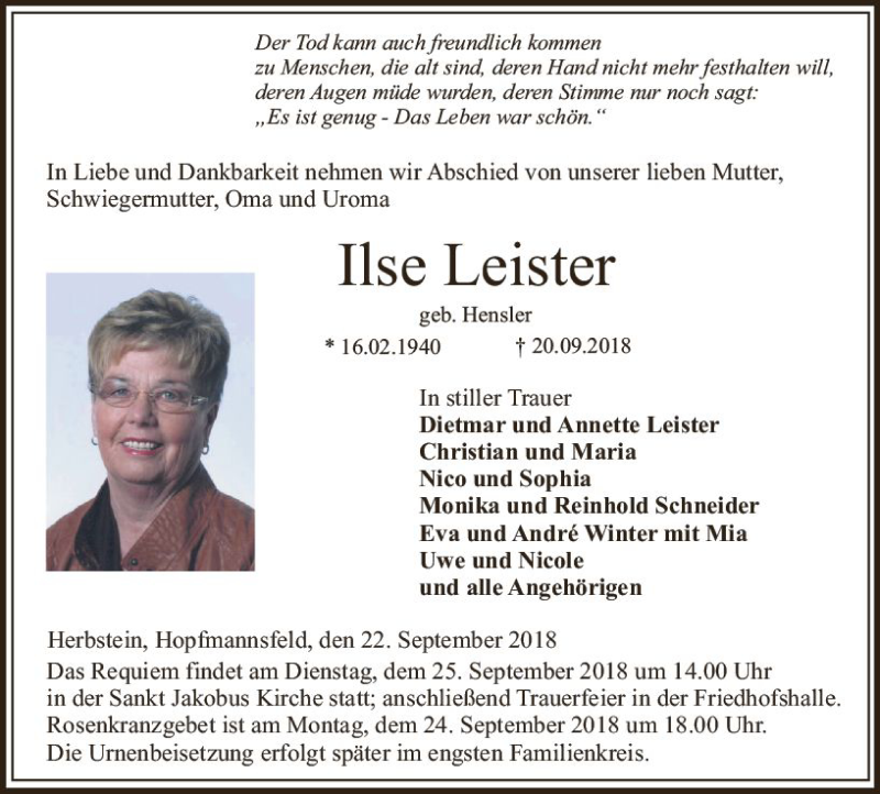  Traueranzeige für Ilse Leister vom 22.09.2018 aus  Lauterbacher Anzeiger