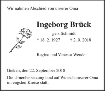 Traueranzeige von Ingeborg Brück von  Gießener Anzeiger
