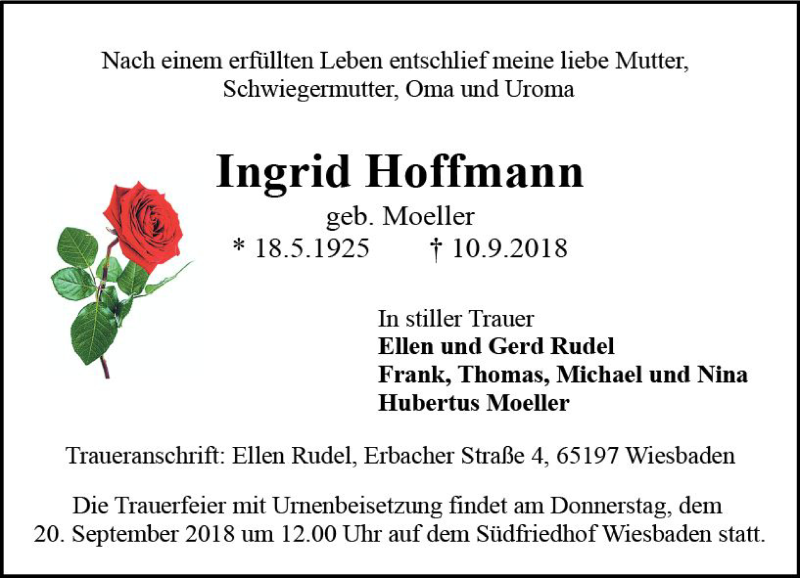  Traueranzeige für Ingrid Hoffmann vom 15.09.2018 aus vrm-trauer