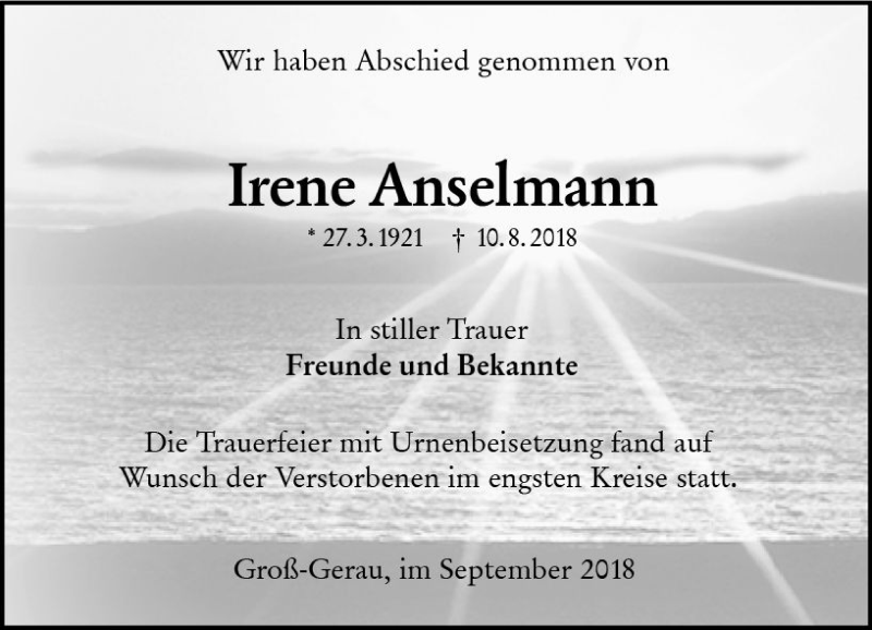  Traueranzeige für Irene Anselmann vom 08.09.2018 aus vrm-trauer