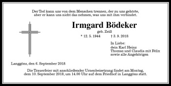 Traueranzeige von Irmgard Bödeker von  Gießener Anzeiger