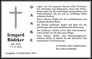 Traueranzeige von Irmgard Bödeker von  Gießener Anzeiger
