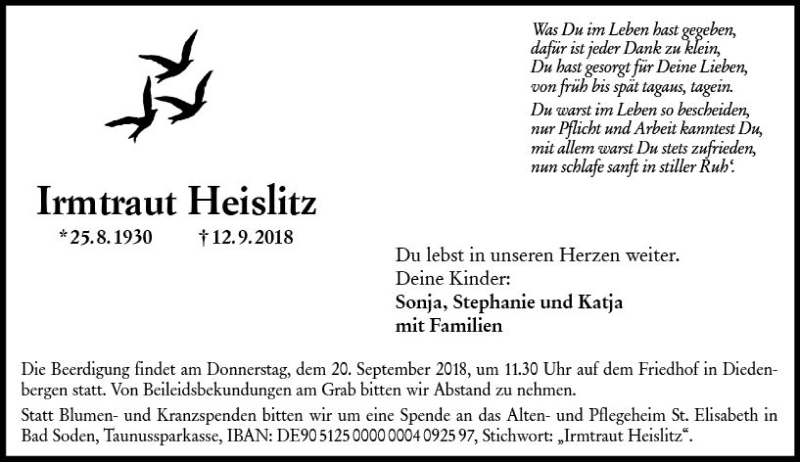  Traueranzeige für Irmtraut Heislitz vom 14.09.2018 aus vrm-trauer