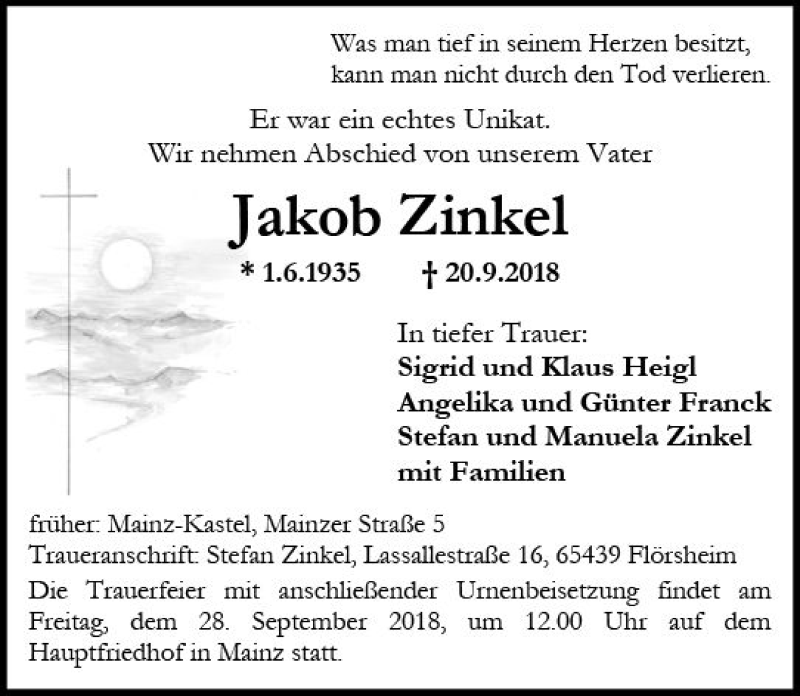  Traueranzeige für Jakob Zinkel vom 25.09.2018 aus vrm-trauer