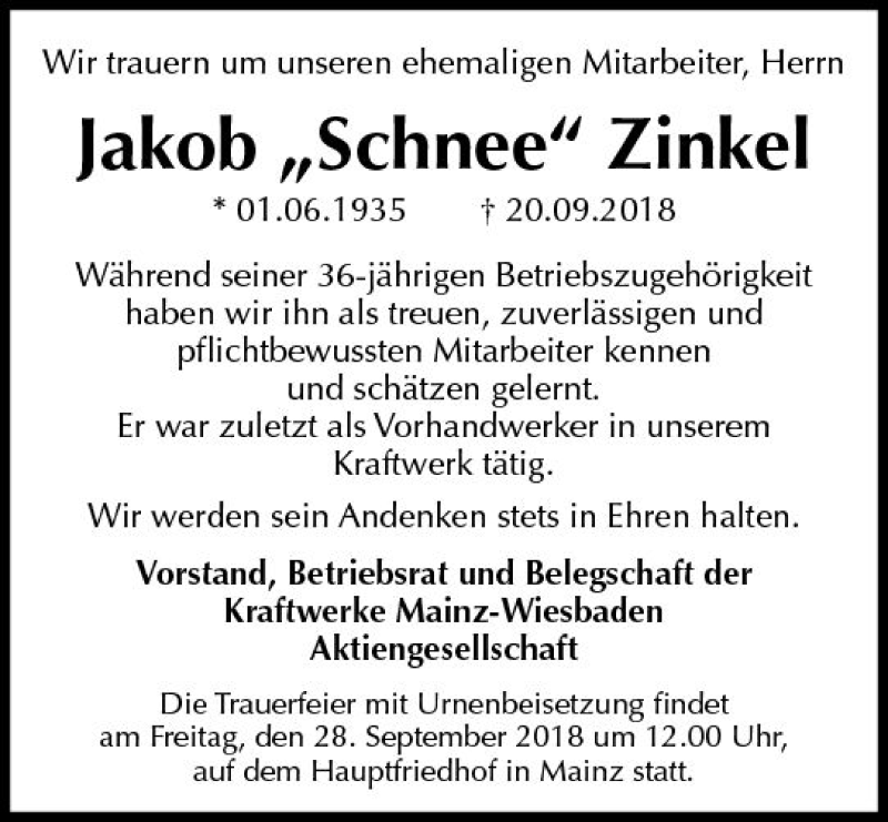  Traueranzeige für Jakob Zinkel vom 26.09.2018 aus vrm-trauer