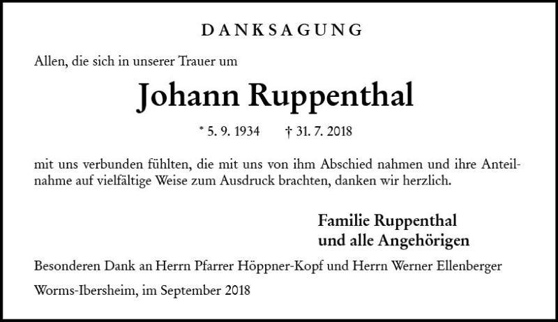  Traueranzeige für Johann Ruppenthal vom 15.09.2018 aus vrm-trauer
