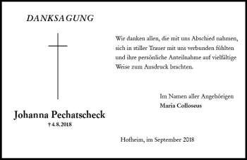 Traueranzeige von Johanna Pechatscheck von vrm-trauer