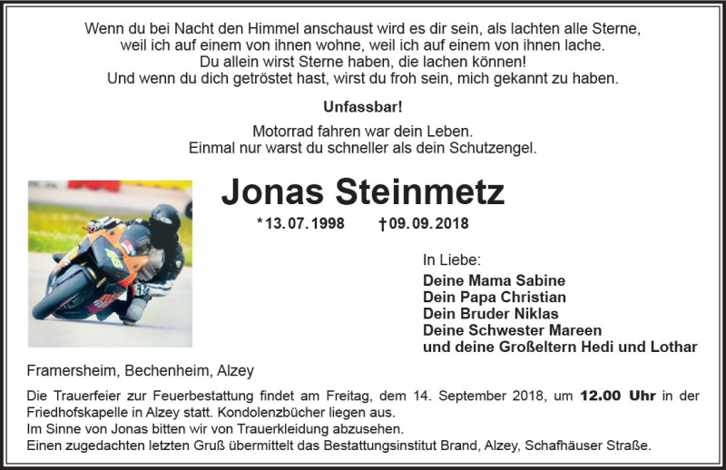  Traueranzeige für Jonas Steinmetz vom 12.09.2018 aus vrm-trauer