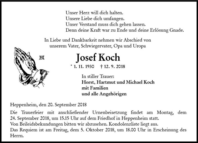  Traueranzeige für Josef Koch vom 20.09.2018 aus vrm-trauer