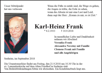 Traueranzeige von Karl-Heinz Frank von vrm-trauer