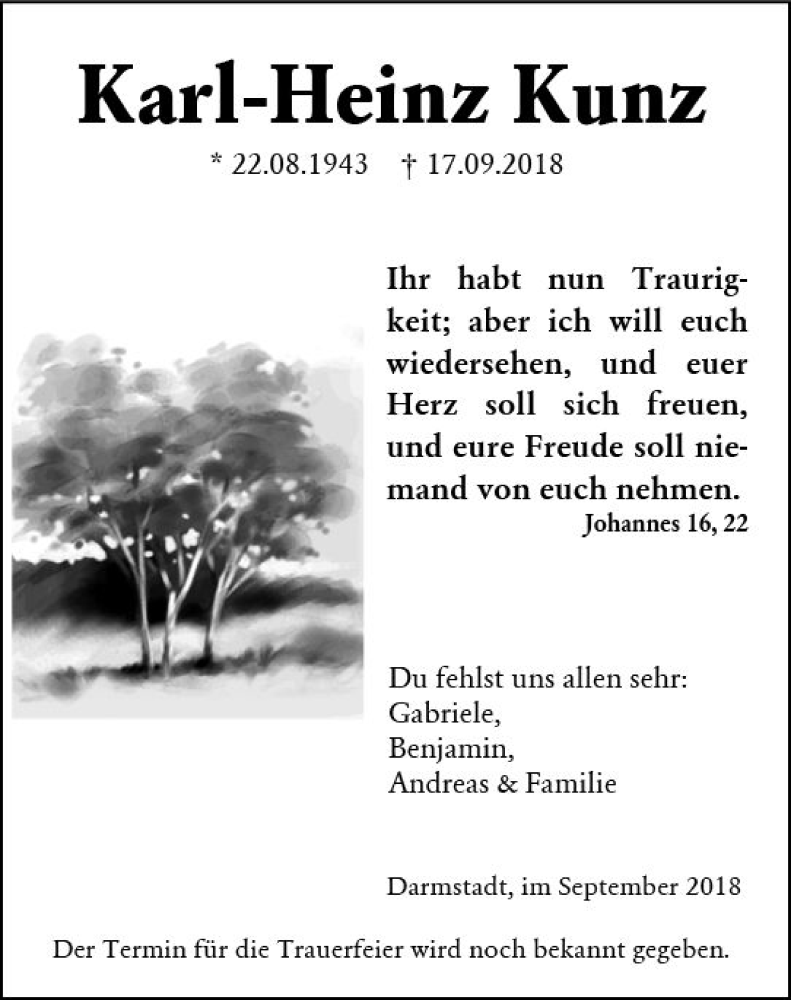  Traueranzeige für Karl-Heinz Kunz vom 25.09.2018 aus vrm-trauer
