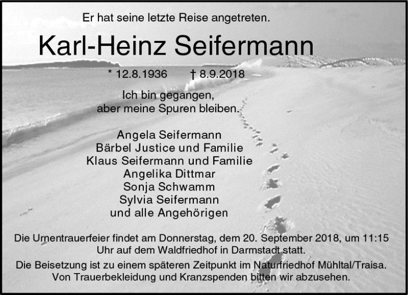  Traueranzeige für Karl-Heinz Seifermann vom 15.09.2018 aus vrm-trauer