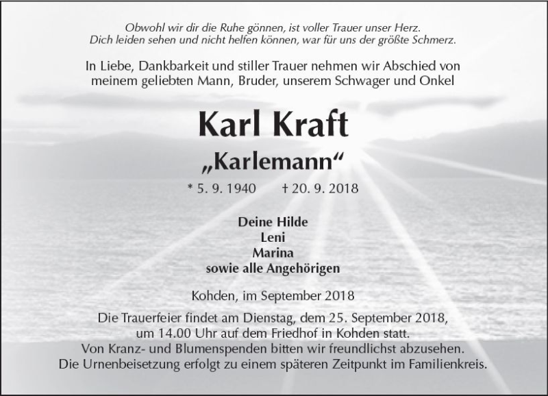  Traueranzeige für Karl Kraft vom 22.09.2018 aus  Kreisanzeiger