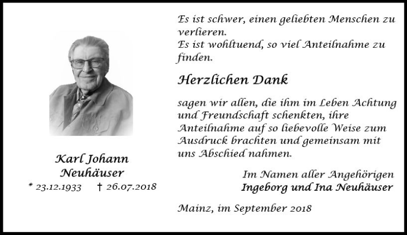  Traueranzeige für Karl Johann Neuhäuser vom 15.09.2018 aus vrm-trauer