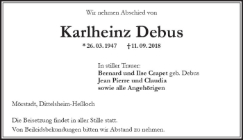 Traueranzeige von Karlheinz Debus von vrm-trauer