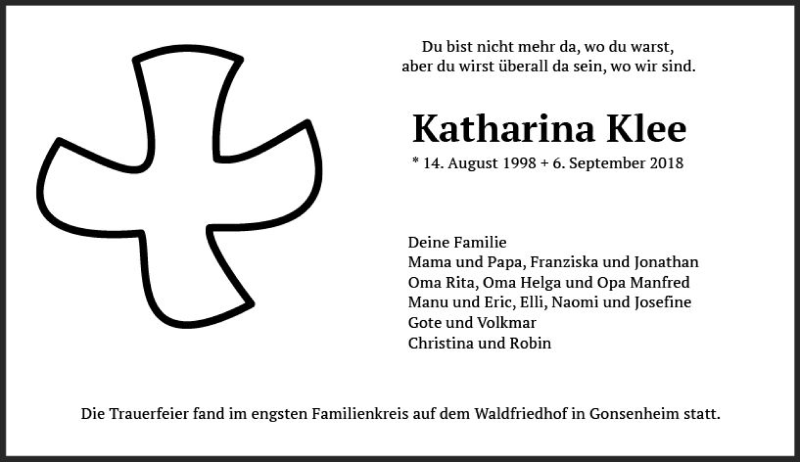  Traueranzeige für Katharina Klee vom 22.09.2018 aus vrm-trauer