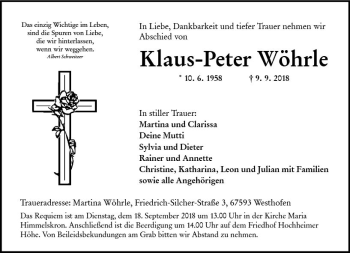 Traueranzeige von Klaus-Peter Wöhrle von vrm-trauer