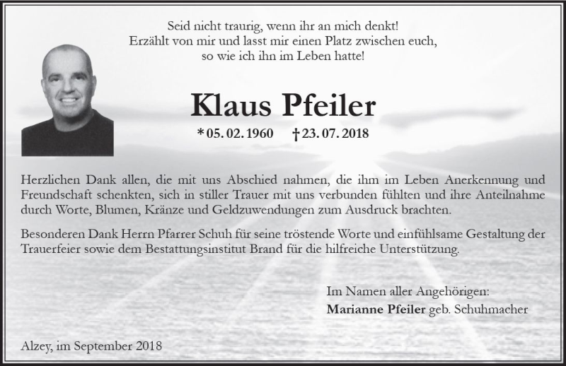  Traueranzeige für Klaus Pfeiler vom 08.09.2018 aus vrm-trauer