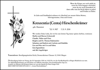Traueranzeige von Kreszentia Hirschenkrämer von vrm-trauer