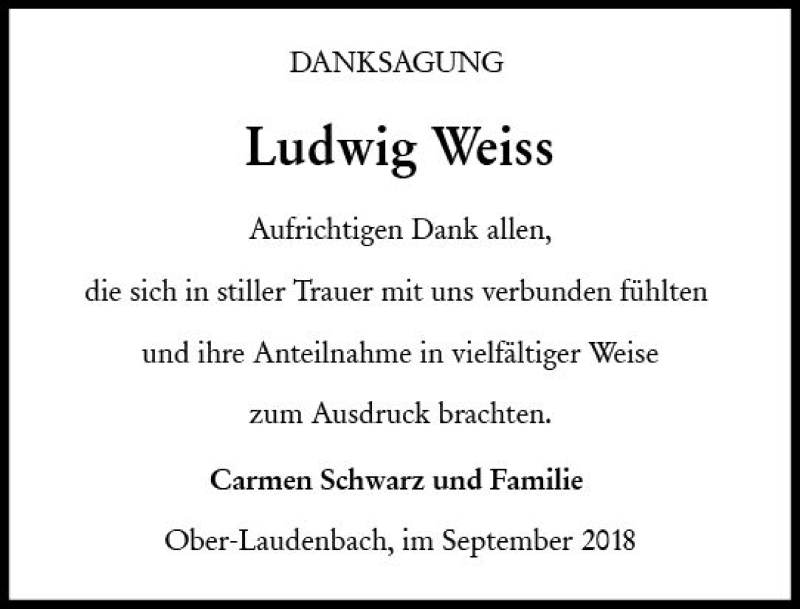  Traueranzeige für Ludwig Weiss vom 29.09.2018 aus vrm-trauer
