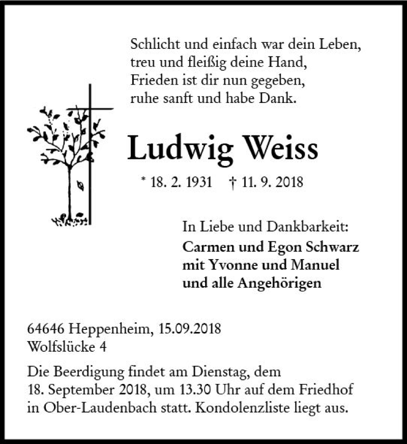  Traueranzeige für Ludwig Weiss vom 15.09.2018 aus vrm-trauer
