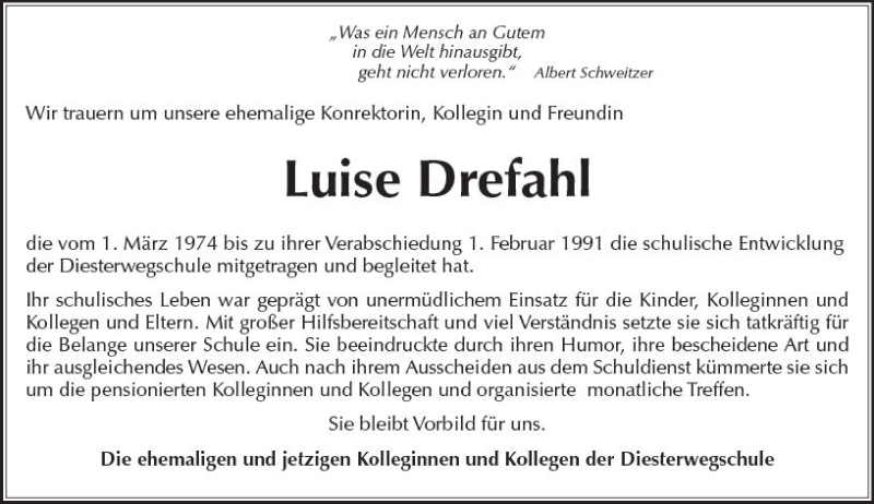  Traueranzeige für Luise Drefahl vom 15.09.2018 aus vrm-trauer