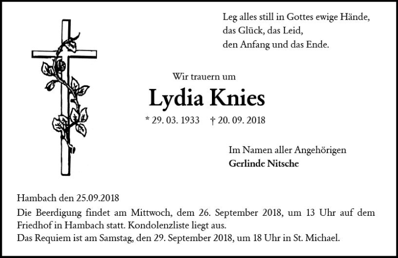  Traueranzeige für Lydia Knies vom 25.09.2018 aus vrm-trauer