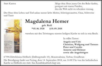 Traueranzeige von Magdalena Hemer von vrm-trauer