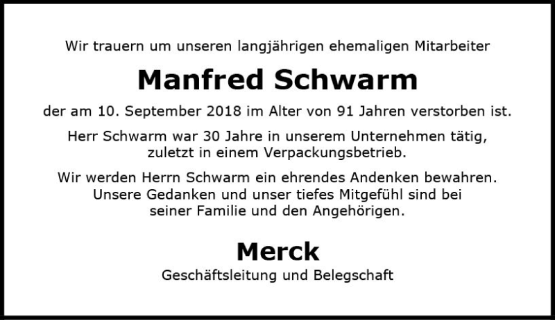  Traueranzeige für Manfred Schwarm vom 29.09.2018 aus vrm-trauer