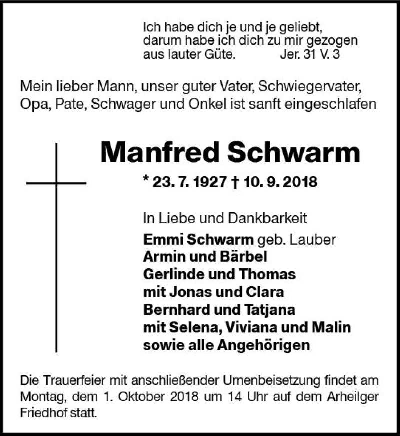  Traueranzeige für Manfred Schwarm vom 22.09.2018 aus vrm-trauer