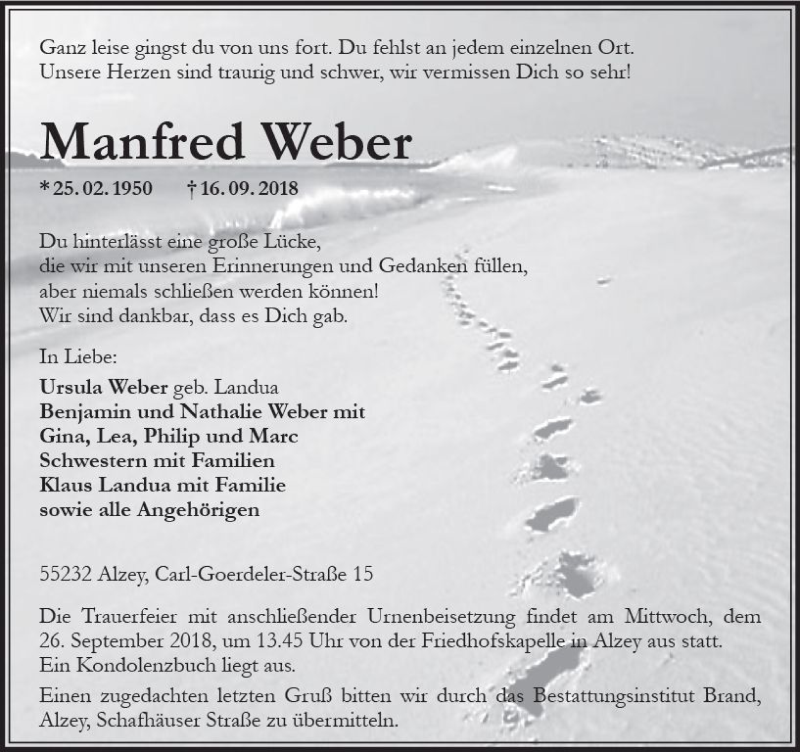  Traueranzeige für Manfred Weber vom 22.09.2018 aus vrm-trauer