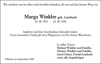 Traueranzeige von Marga Winkler von vrm-trauer